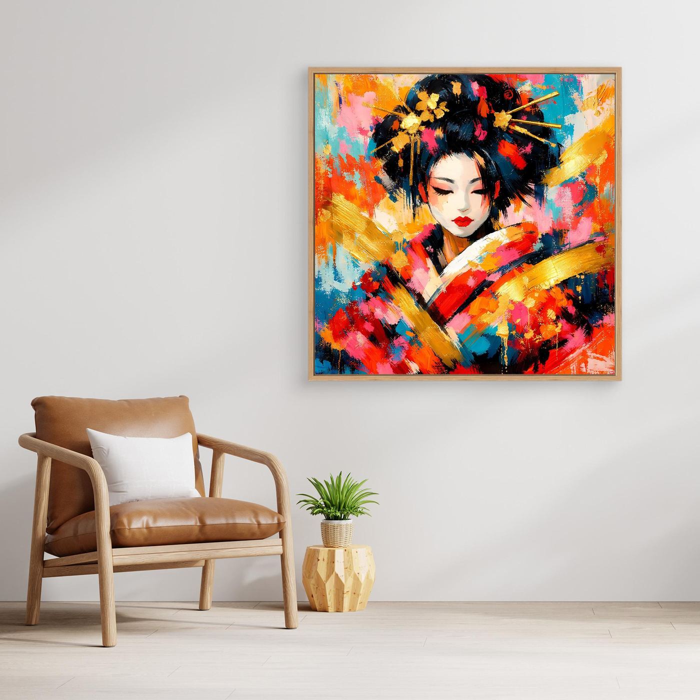 Leinwandbild Geisha-Porträt abstrakt, bunt, mit goldfarbenem Rahmen