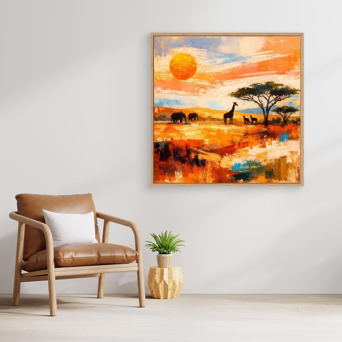 Gerahmtes Leinwand-Wandbild mit Savannenmotiv: Tiere, Akazienbaum, orange-gelbe Farbpalette.