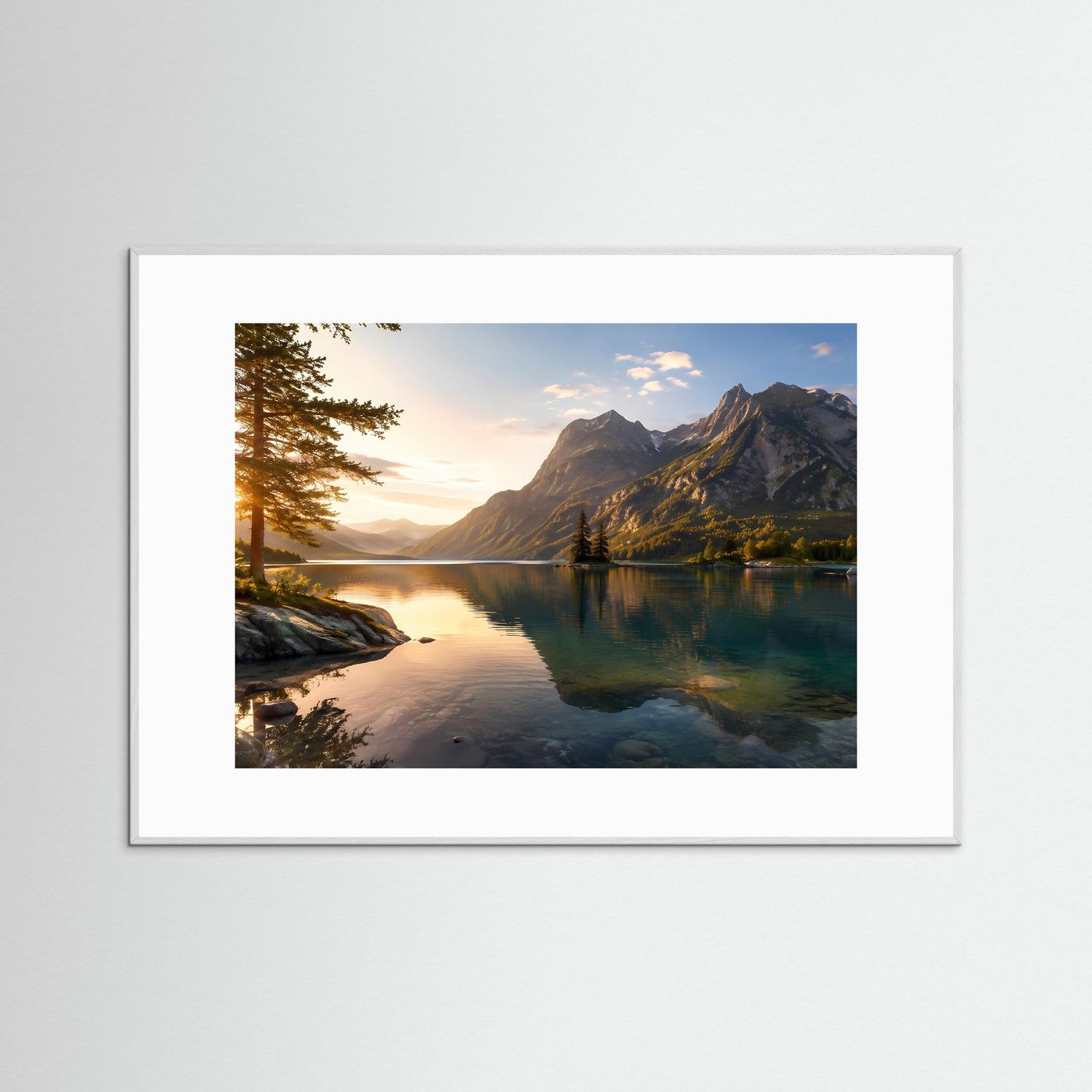 Bergsee Poster Querformat | Majestätische Berge im goldenen Sonnenlicht