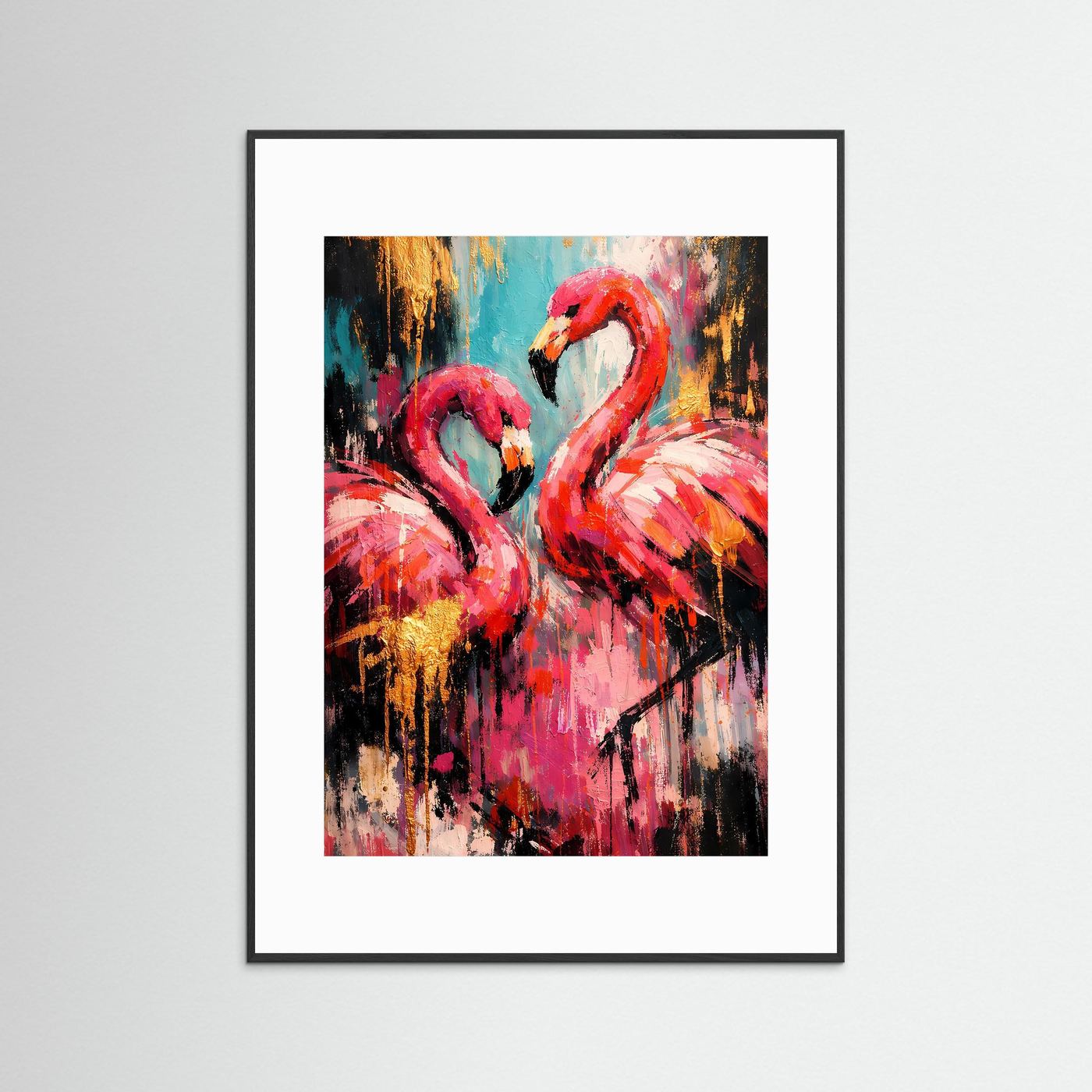 Flamingo-Kunstposter mit zwei rosa Vögeln, abstraktes Farbspiel, schwarzer Rahmen und weißes Passepartout