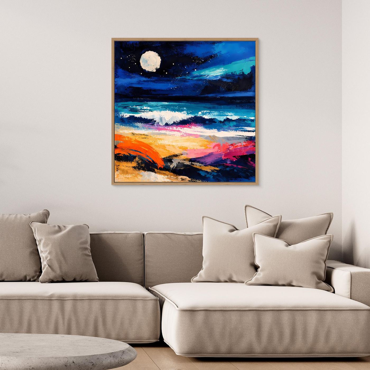 Abstraktes Küstenbild: Vollmond, Meer und Strandwellen, Blau mit Orange/Rot, schwarzer Rahmen