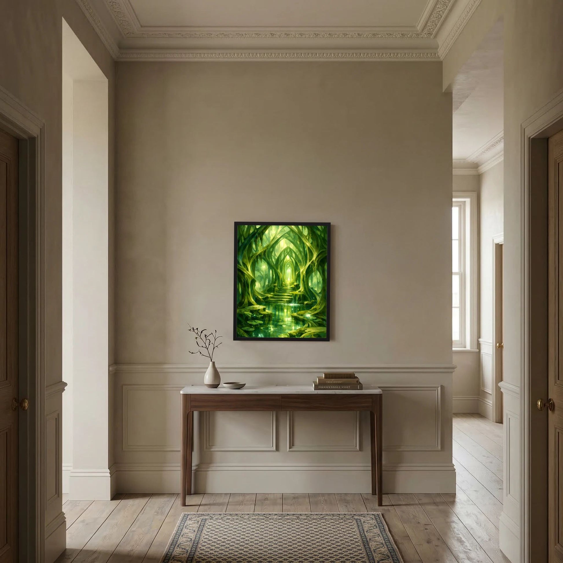 Grünes Kunstposter Waldtempel mit leuchtender Treppe und spiegelnder Wasserfläche