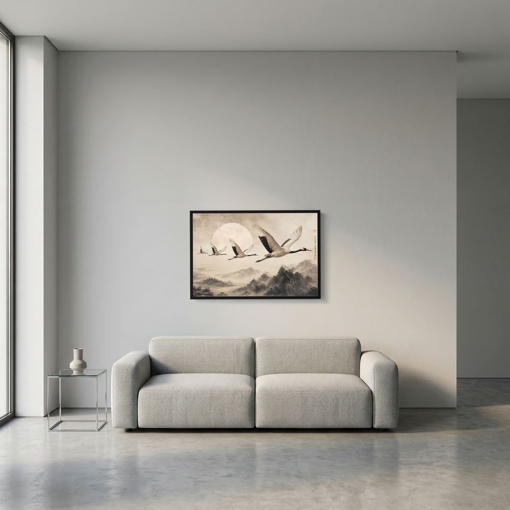 Rahmeneinzugendes Kunstposter mit fliegenden Kranichen in Beige, schwarzer Rahmen