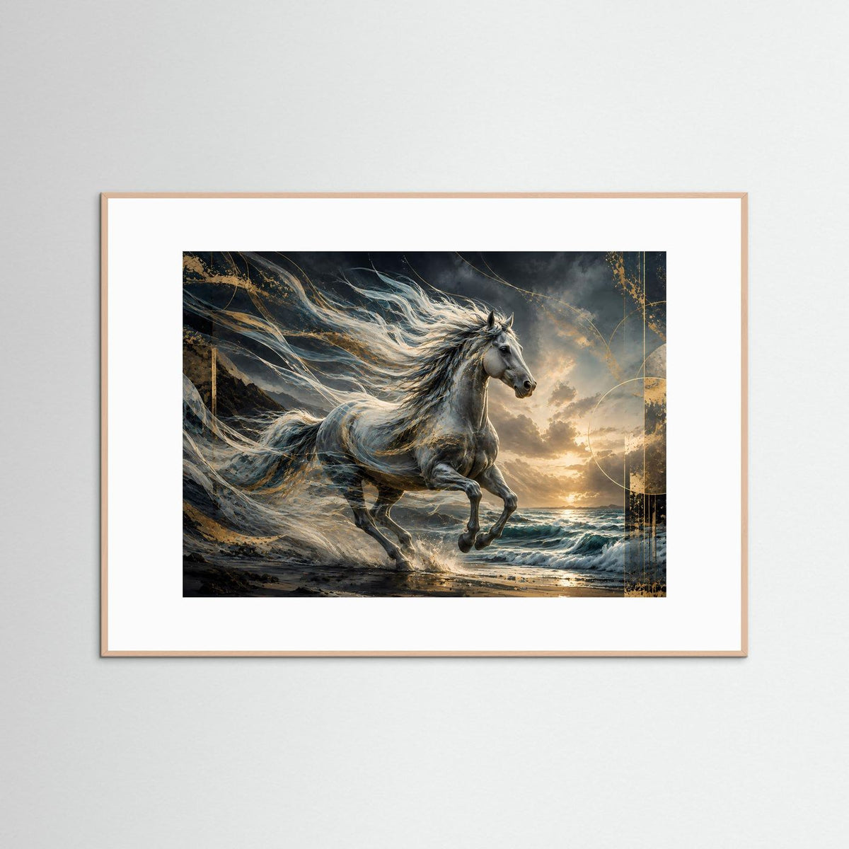 Poster mit galoppierendem Pferd, Schwarz-Weiß und Gold, Eichenrahmen