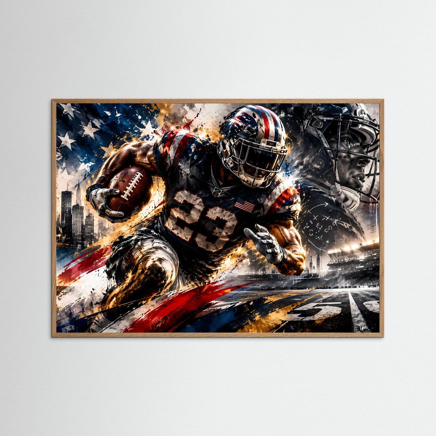 Gerahmtes Sportposter im Querformat mit dynamischer American-Football-Szene