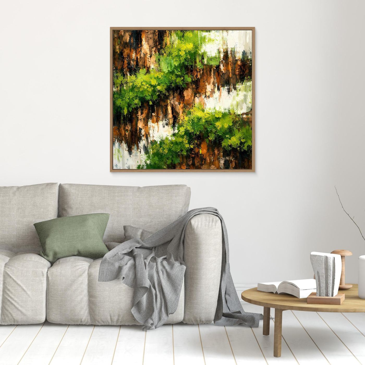 Quadratisches Leinwand-Wandbild mit bewachsener Felswand, eichenfarbener Rahmen