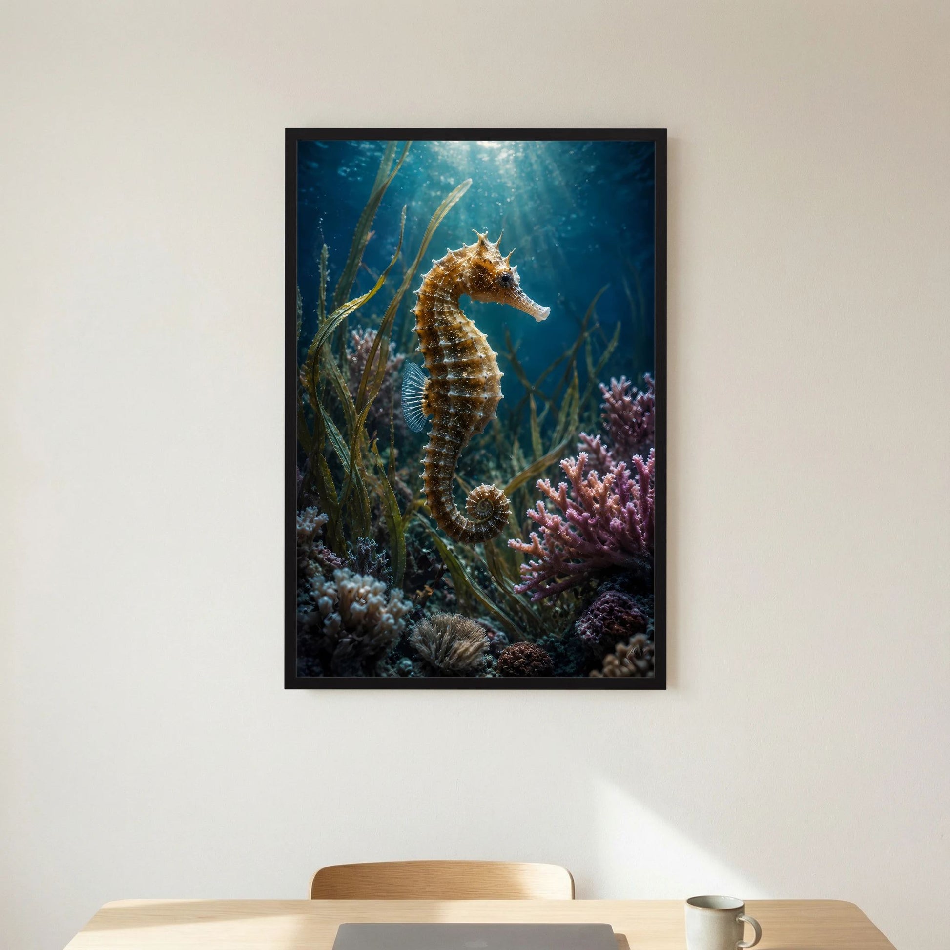 Poster im Hochformat: Seepferdchen im Korallenriff, schwarzer Bilderrahmen