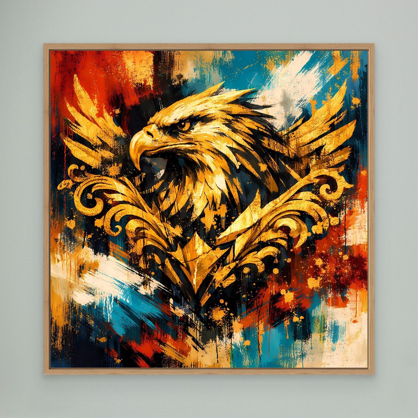 Leinwandbild mit goldenem Adler im Barock-Stil, abstraktes Farbspritzmotiv, Eichenrahmen