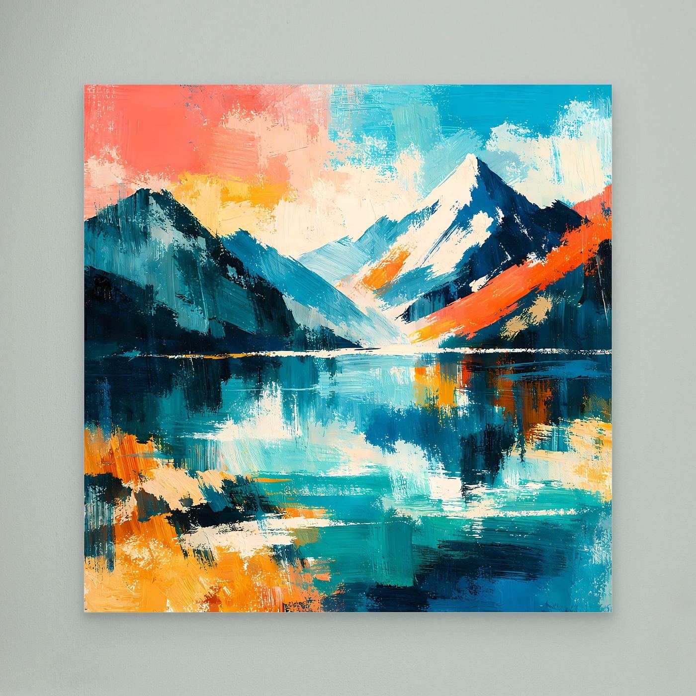 Leinwand-Wandbild abstrakte Bergwelt am See mit leuchtendem Blau und Orange