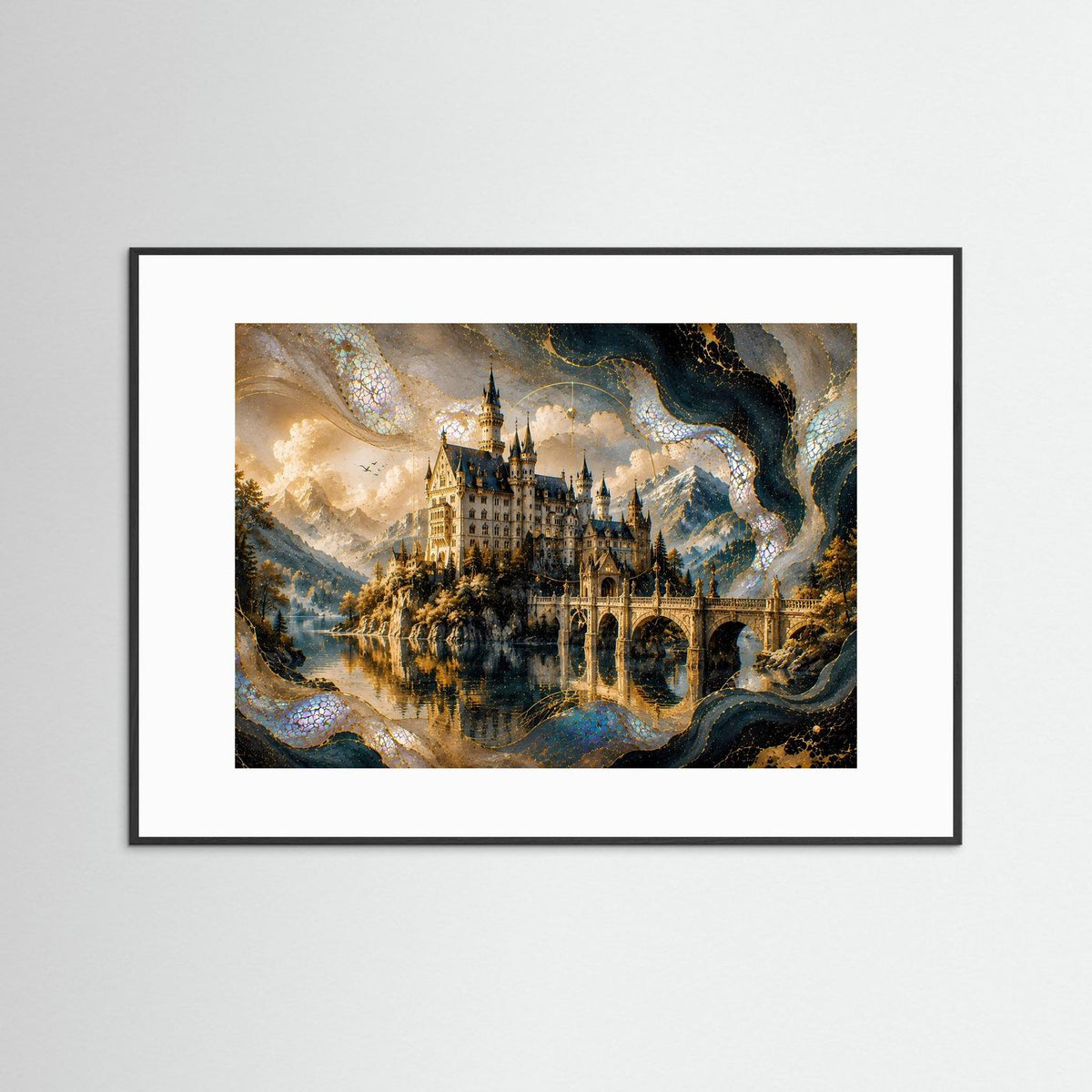Poster im Querformat mit weißem Passepartout und Märchenschloss am See, schwarzer Rahmen.