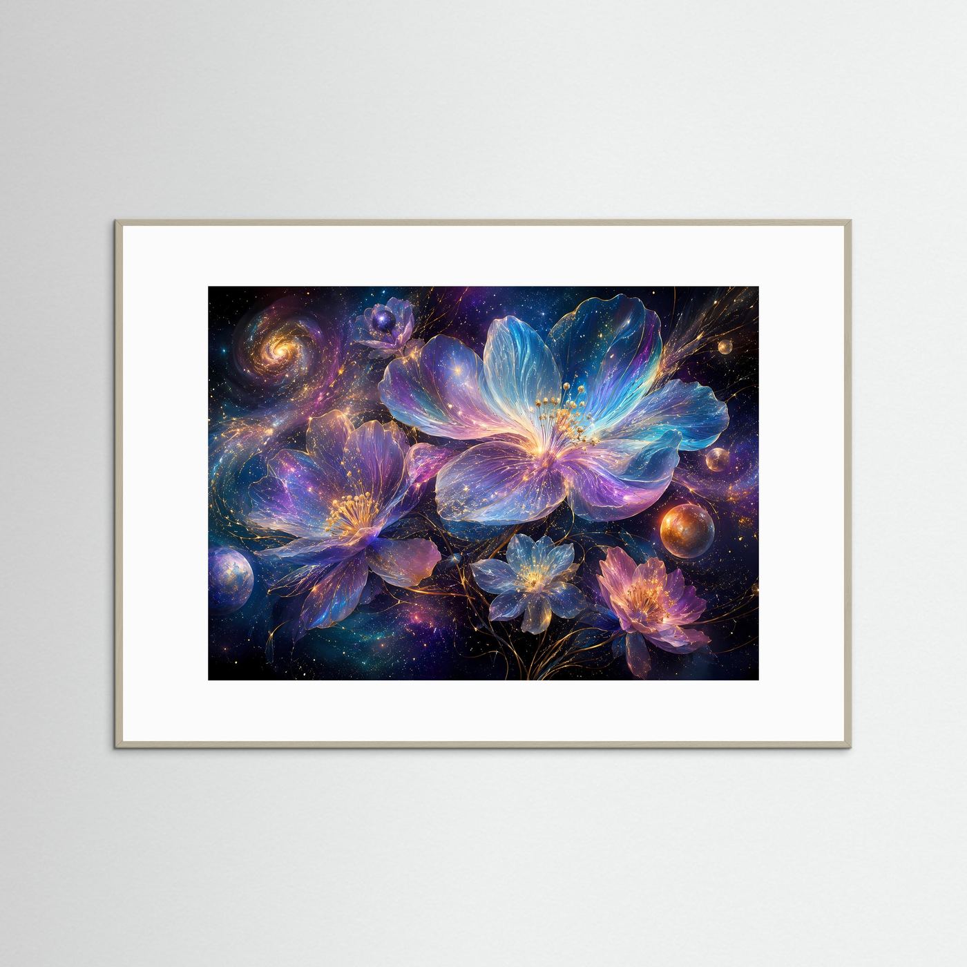 Kosmische Blüten | Galaktisches Blumen-Wandbild in Blau, Violett & Gold