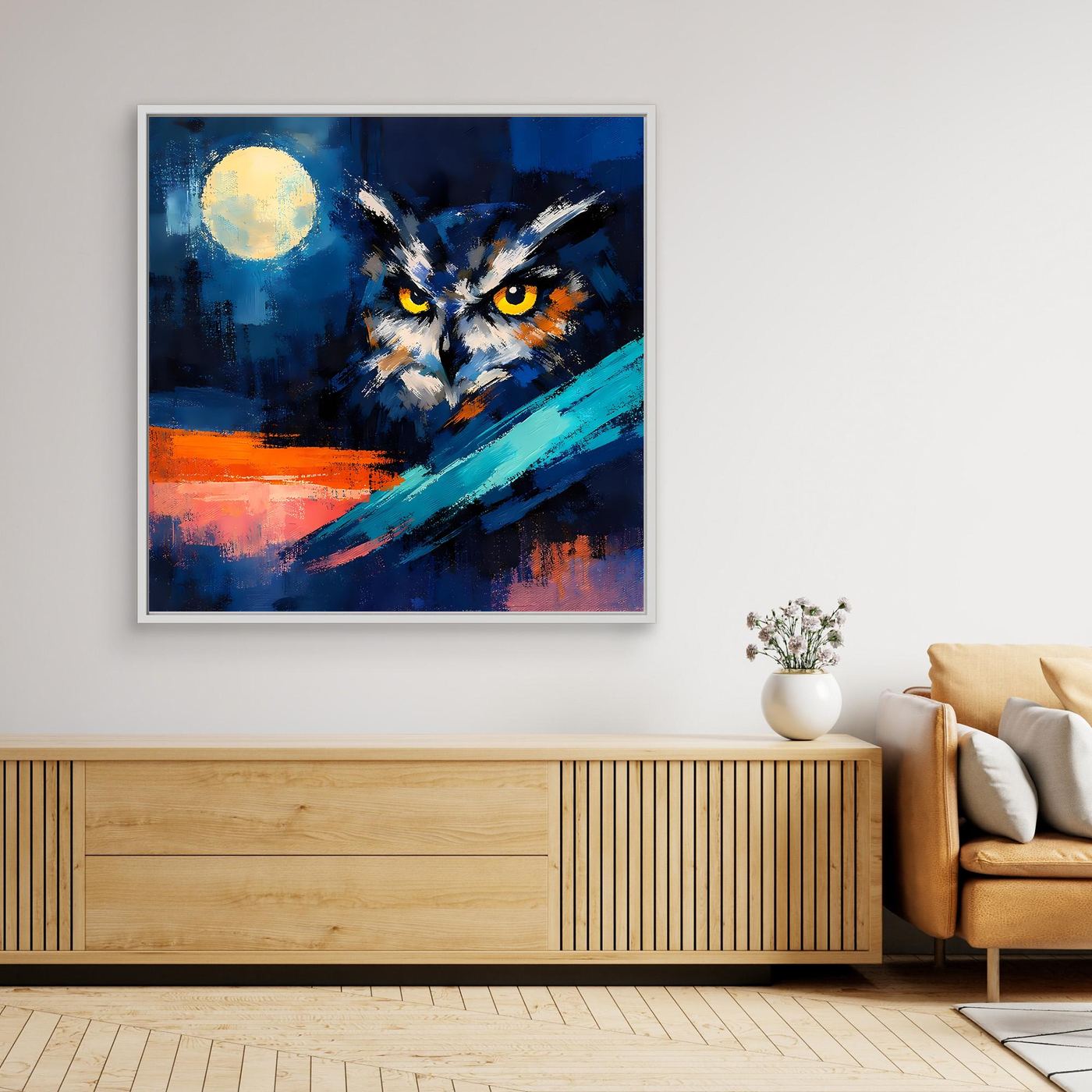 Premium Leinwand Mystische Eule bei Vollmond | Abstraktes Kunst Poster Modernes Nacht Wandbild