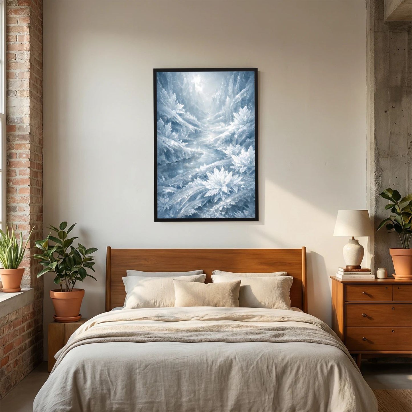 Gerahmtes Winterlandschafts-Poster mit eisblauen Eiskristallen im Schnee, schwarzer Rahmen