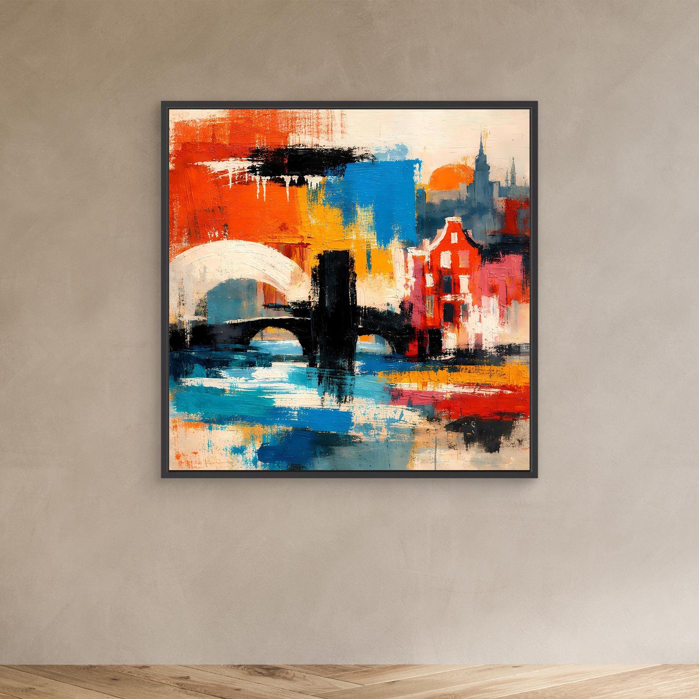 Leinwand-Wandbild mit abstrakter Brücken- und Stadtform in Rot, Blau und Gelb, schwarzer Rahmen