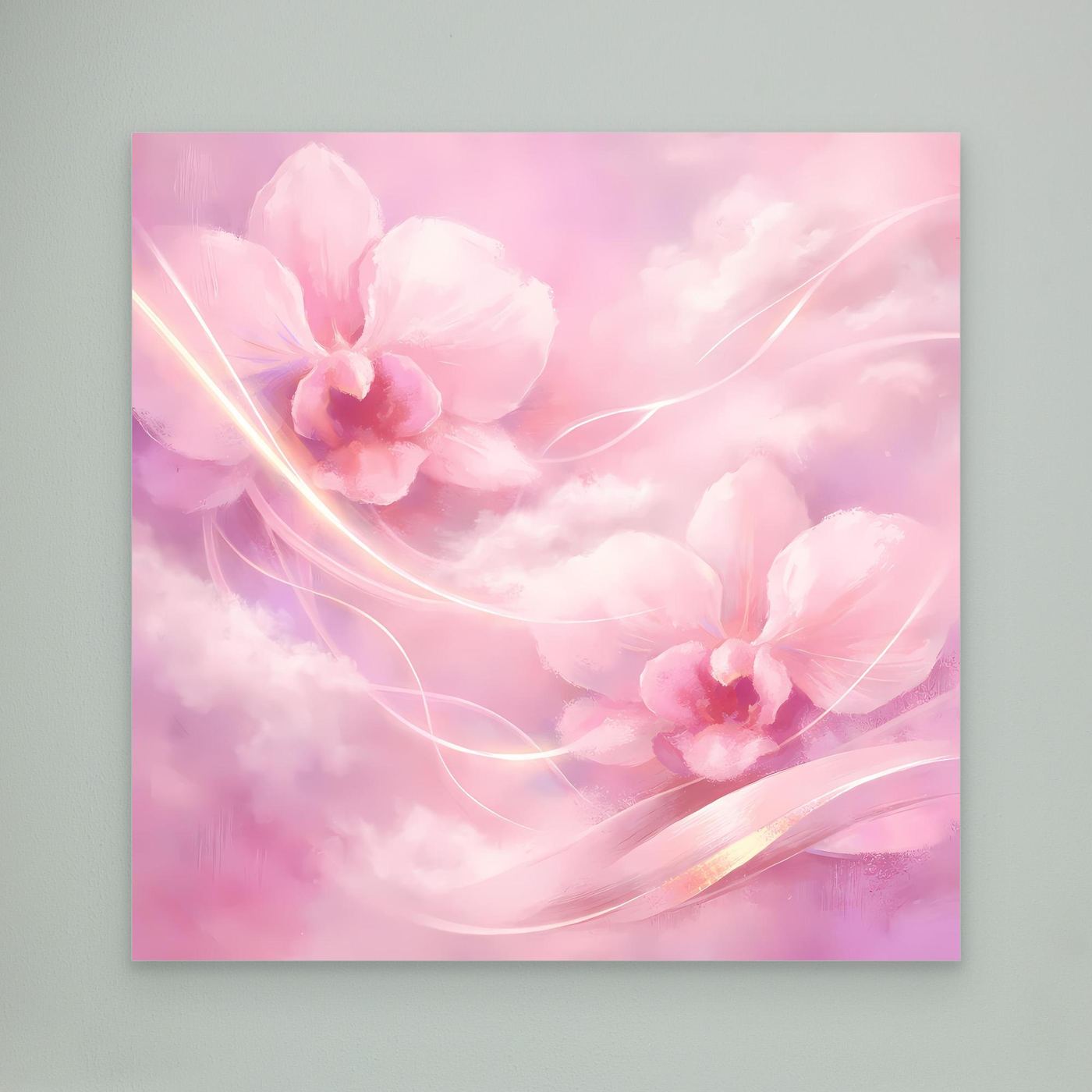 Leinwandbild mit rosafarbenen Orchideen und abstrakten Blütenlinien