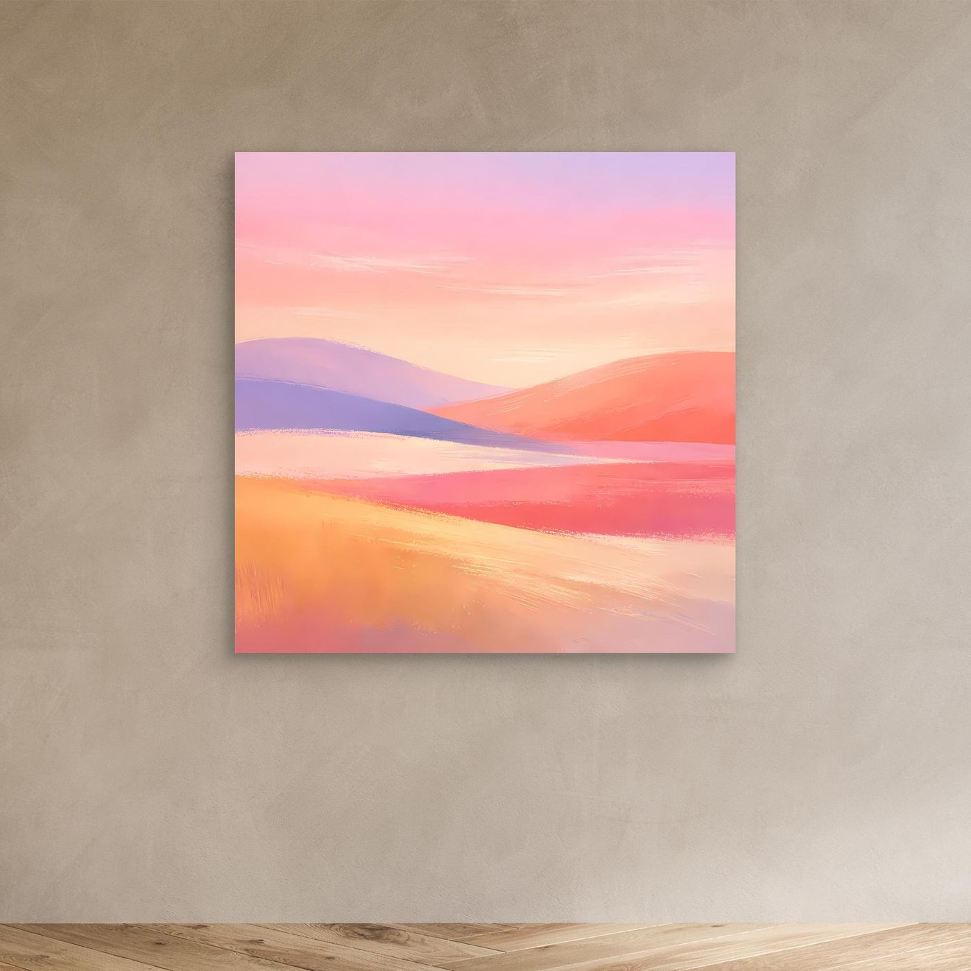 Leinwandbild mit abstrakter Hügellandschaft in Pastellfarben: Rosa, Lila und Orange.