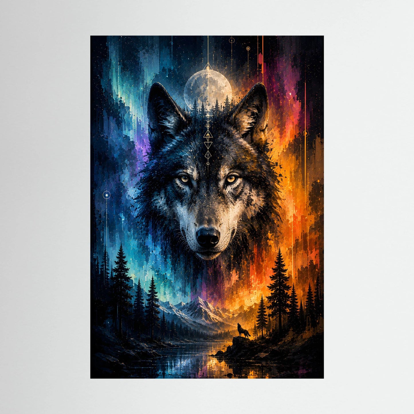Wolfsposter mit zwei Wölfen, Mond über Berglandschaft und Bäumen