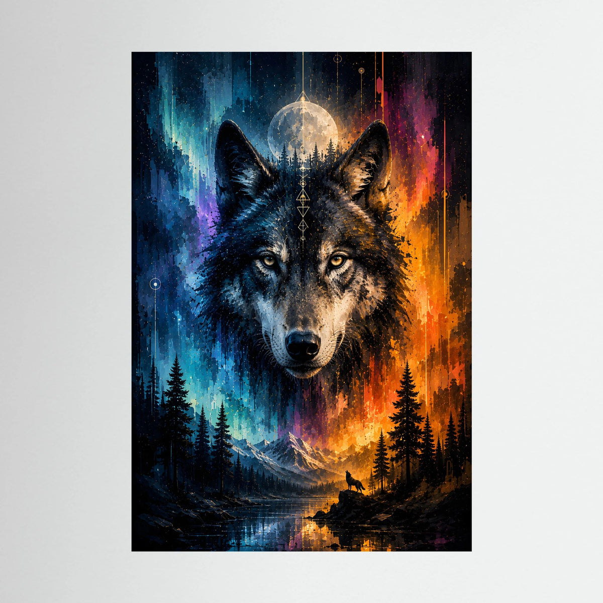 Wolfsposter mit zwei Wölfen, Mond über Berglandschaft und Bäumen
