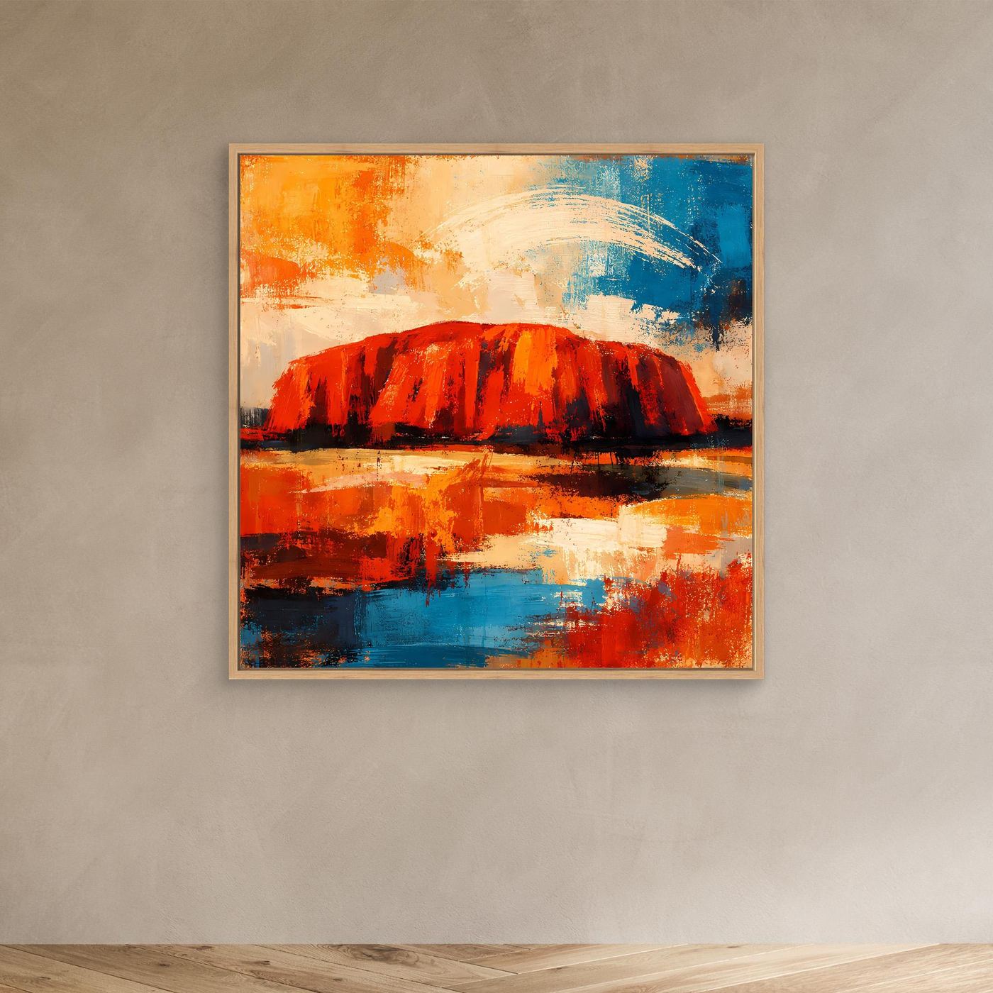 Leinwand-Wandbild mit Uluru-Fels im Eichenrahmen, kräftiges Rot, Orange und Blau.