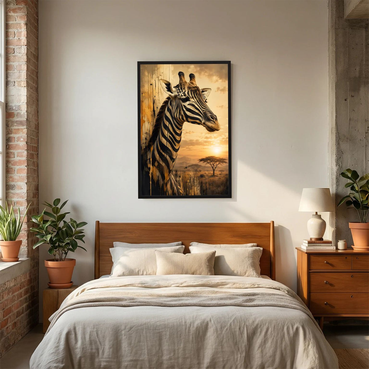 Tierposter im Hochformat: Giraffe im Zebra-Look, schwarzer Holzrahmen