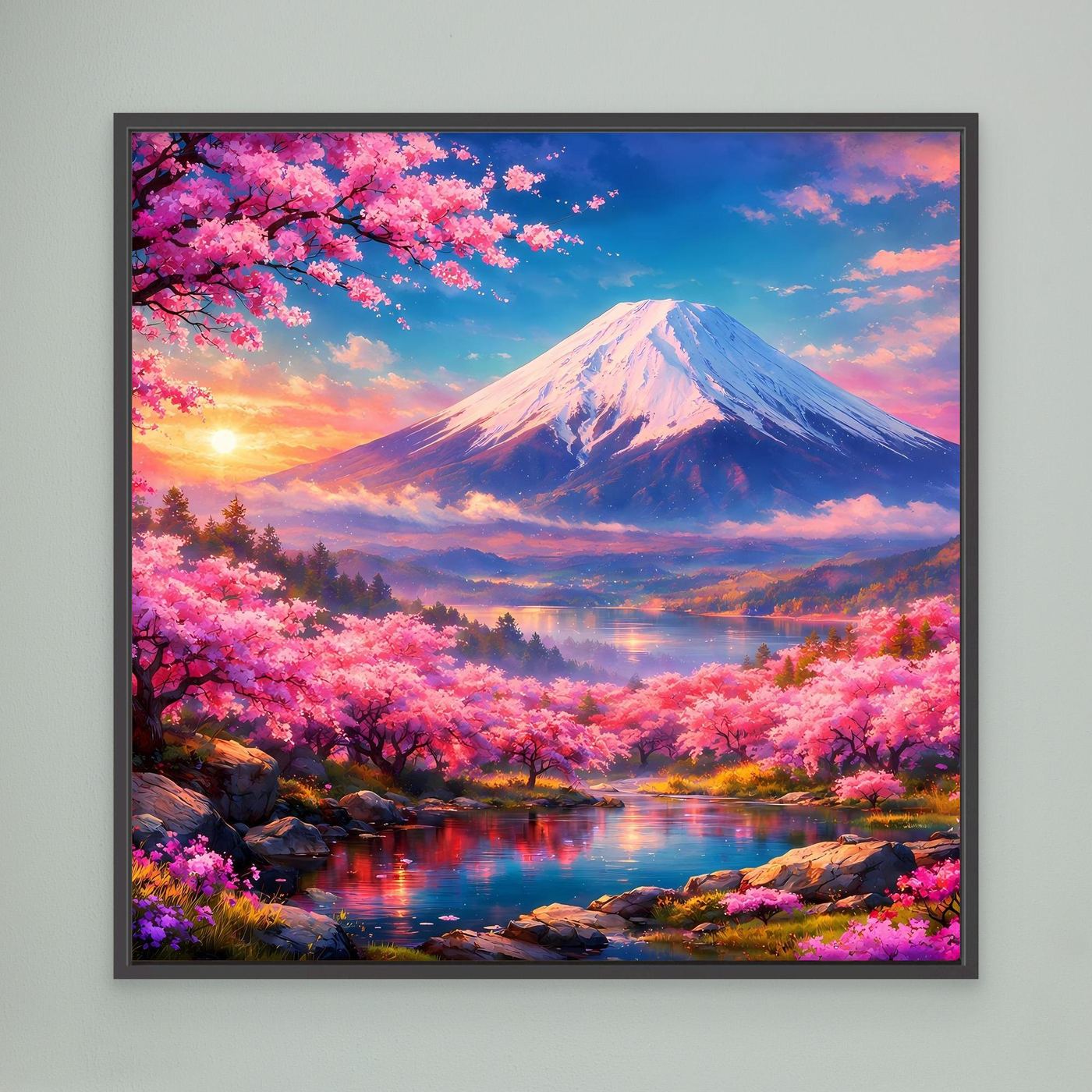 Leinwandbild Magischer Fuji & Kirschblüte | Japanisches Frühlingserwachen Wandbild auf echtem Holzkeilrahmen