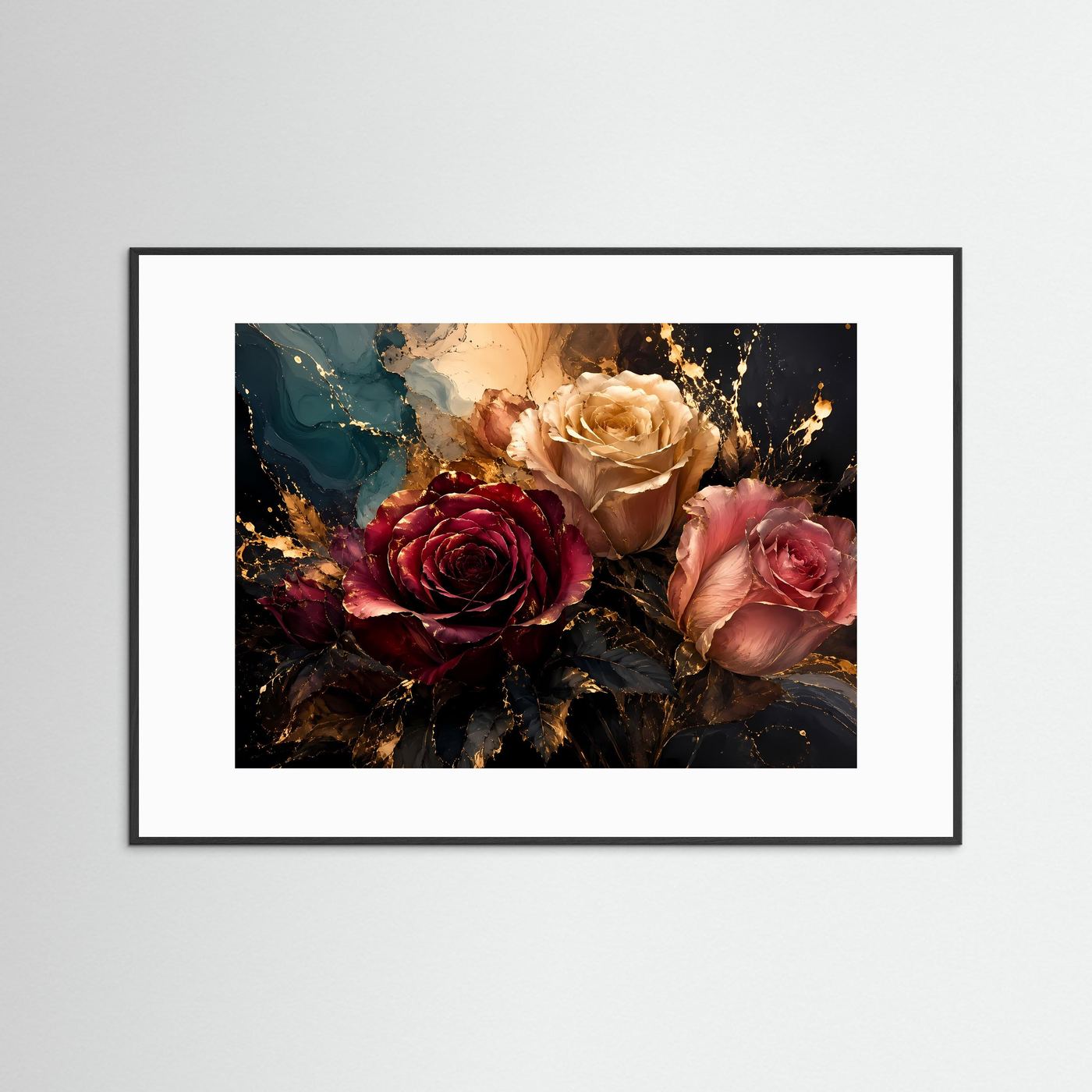 Elegante Rosen mit Goldakzenten | Modernes Blumen & Natur Poster im Querformat