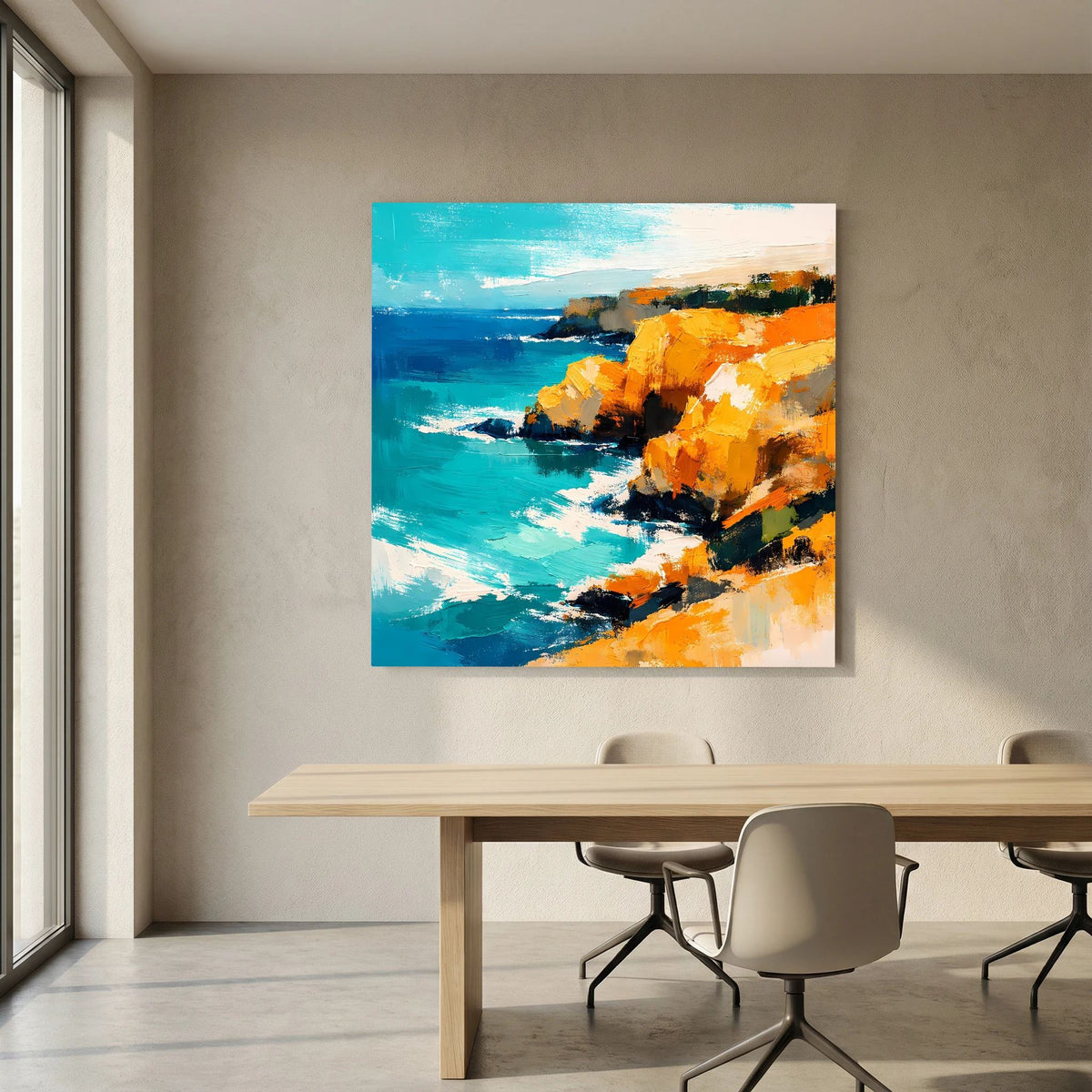 Leinwand Abstraktes Steilküsten Gemälde | Modernes Mediterranes Meeres Wandbild Blau Gelb