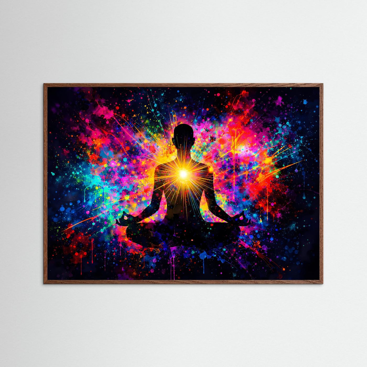 Gerahmtes Yoga-Poster mit Meditationssilhouette und leuchtendem Herz-Chakra, Farbexplosion im Hintergrund