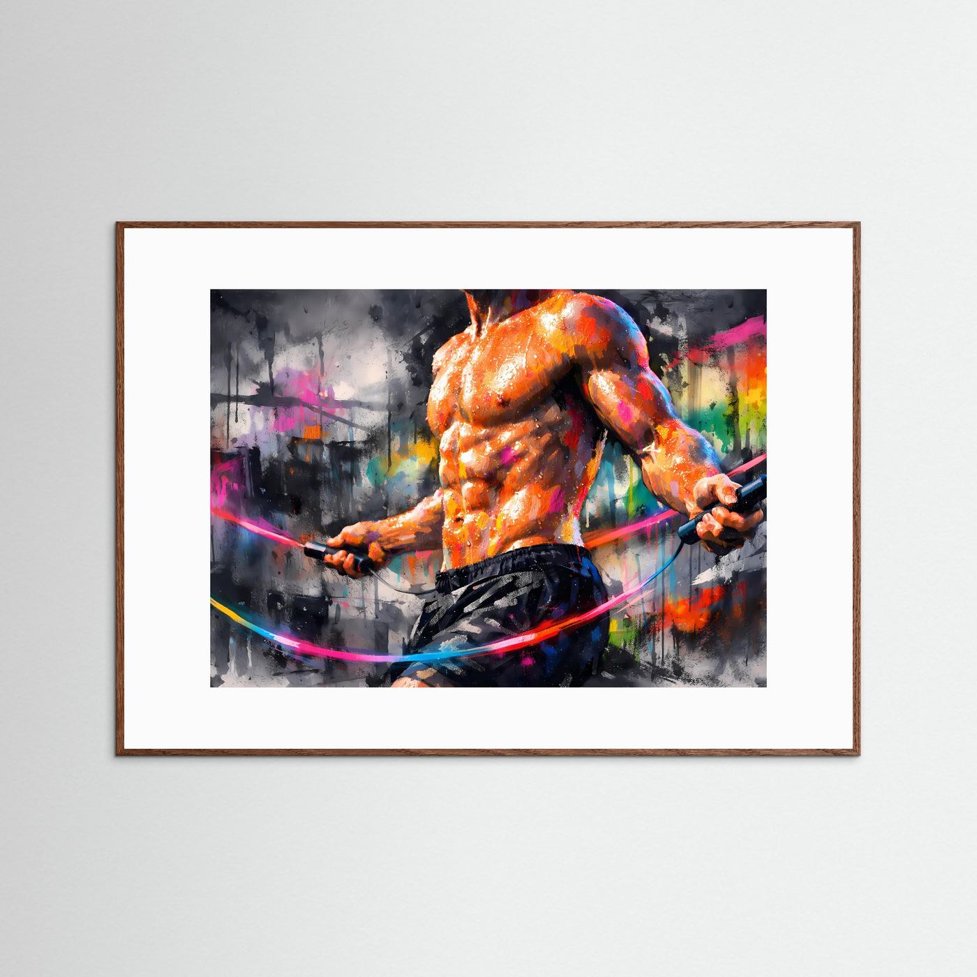 Fitness-Kunstposter Querformat: orange Figur mit Hula-Hoop, brauner Holzrahmen, weißer Rand