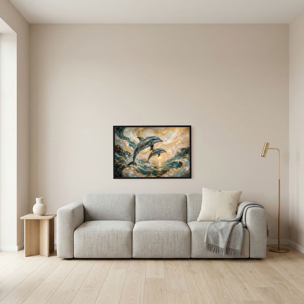 Wandposter mit Delfinen im Meer, türkisfarbene Wellen im schmalen schwarzen Rahmen