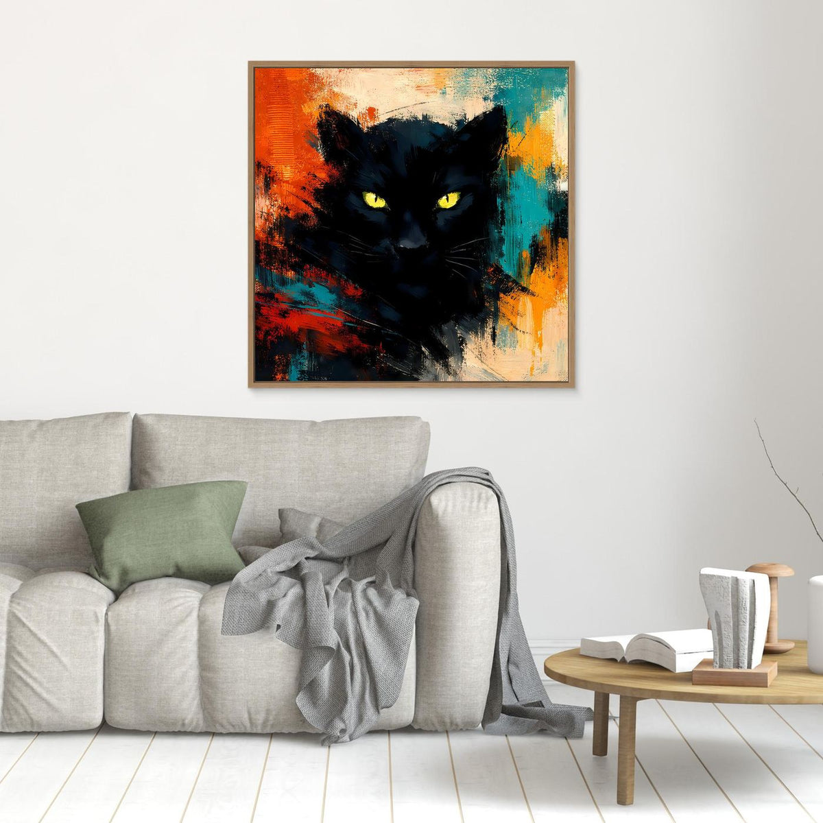 Leinwand-Wandbild mit schwarzem Pantherkopf und gelben Augen im braunen Rahmen