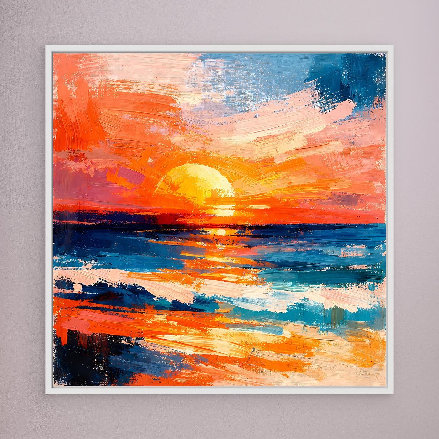 Abstract sunset sea wall art with rising yellow sun in a light wood frame