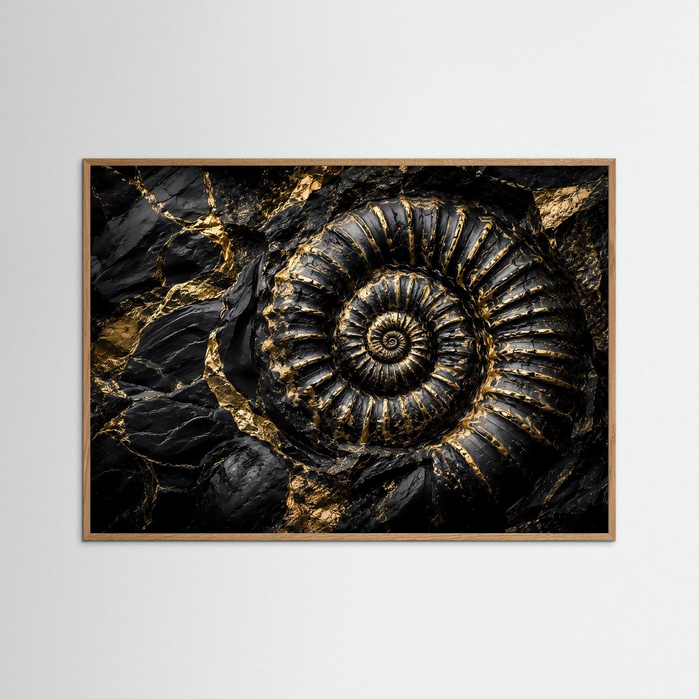 Ammonit Fossil Wandbild | Schwarz Gold Kunst | Geologie Poster | Luxus Leinwand | Prähistorische Natur Wanddeko | Moderne Wall Art
