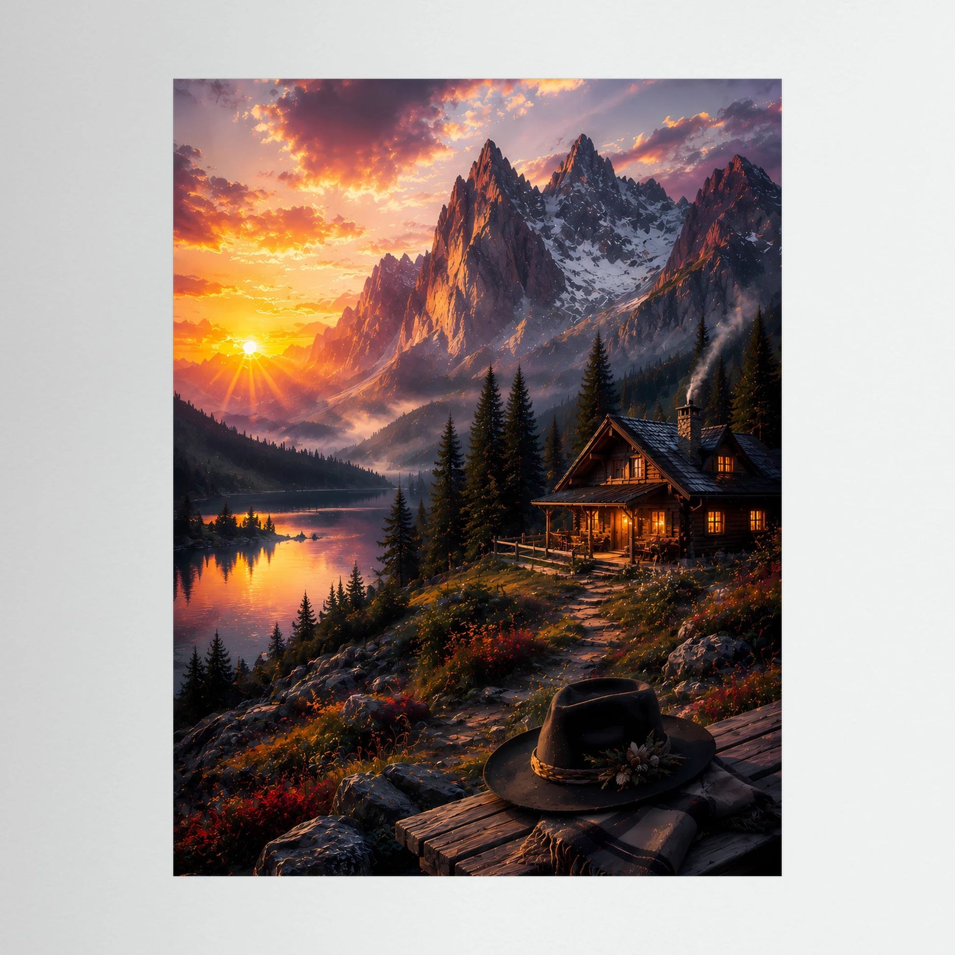 Hochformatiges Poster, Nahansicht: Sonnenuntergang über Bergen, See, Berghütte und Hut