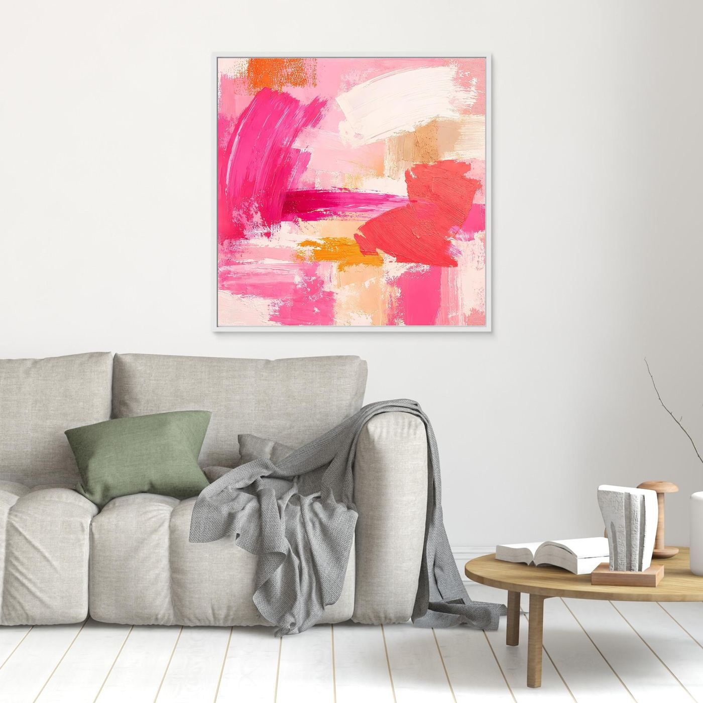 Leinwand-Wandbild mit abstrakten Pastell-Strichen in Rosa, Weiß und Beige im weißen Rahmen