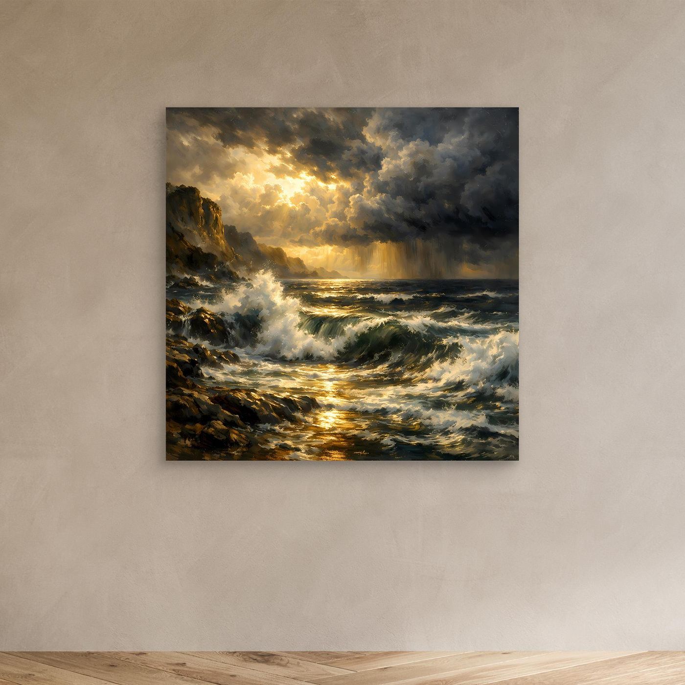 Leinwandbild mit stürmischem Meer, goldener Lichtstimmung, Wellen und Felsen, ohne Rahmen