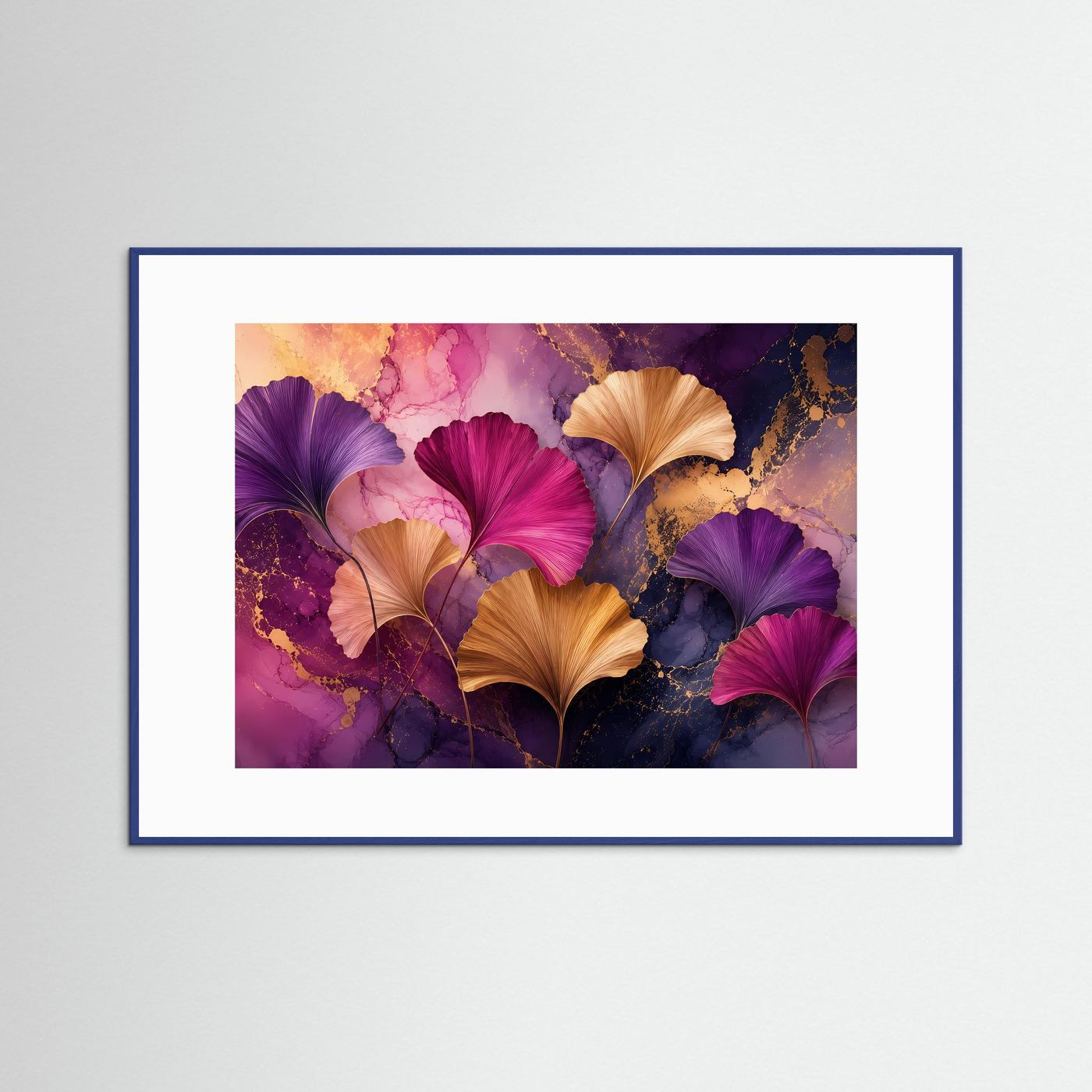 Ginkgo-Blätter in Gold, Violett & Magenta | Abstrakte botanische Wandkunst
