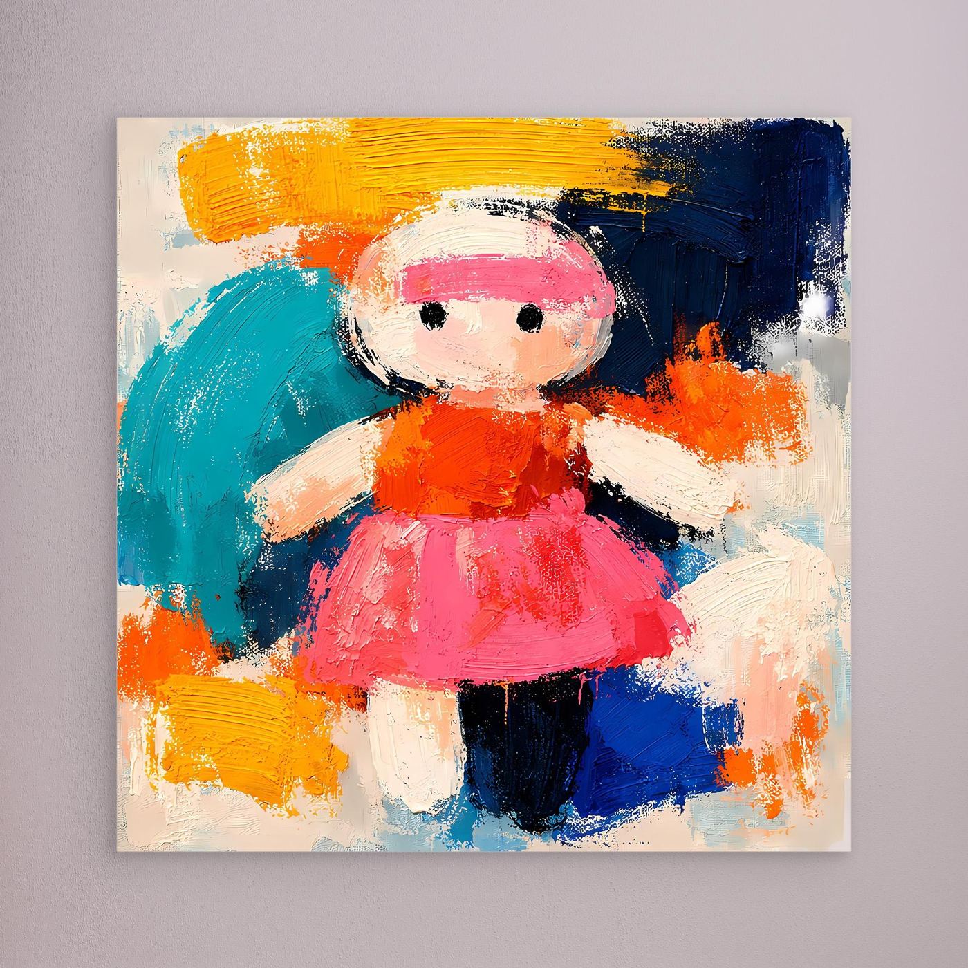 Abstract doll canvas wall art with pink hat and bright dress, unframed