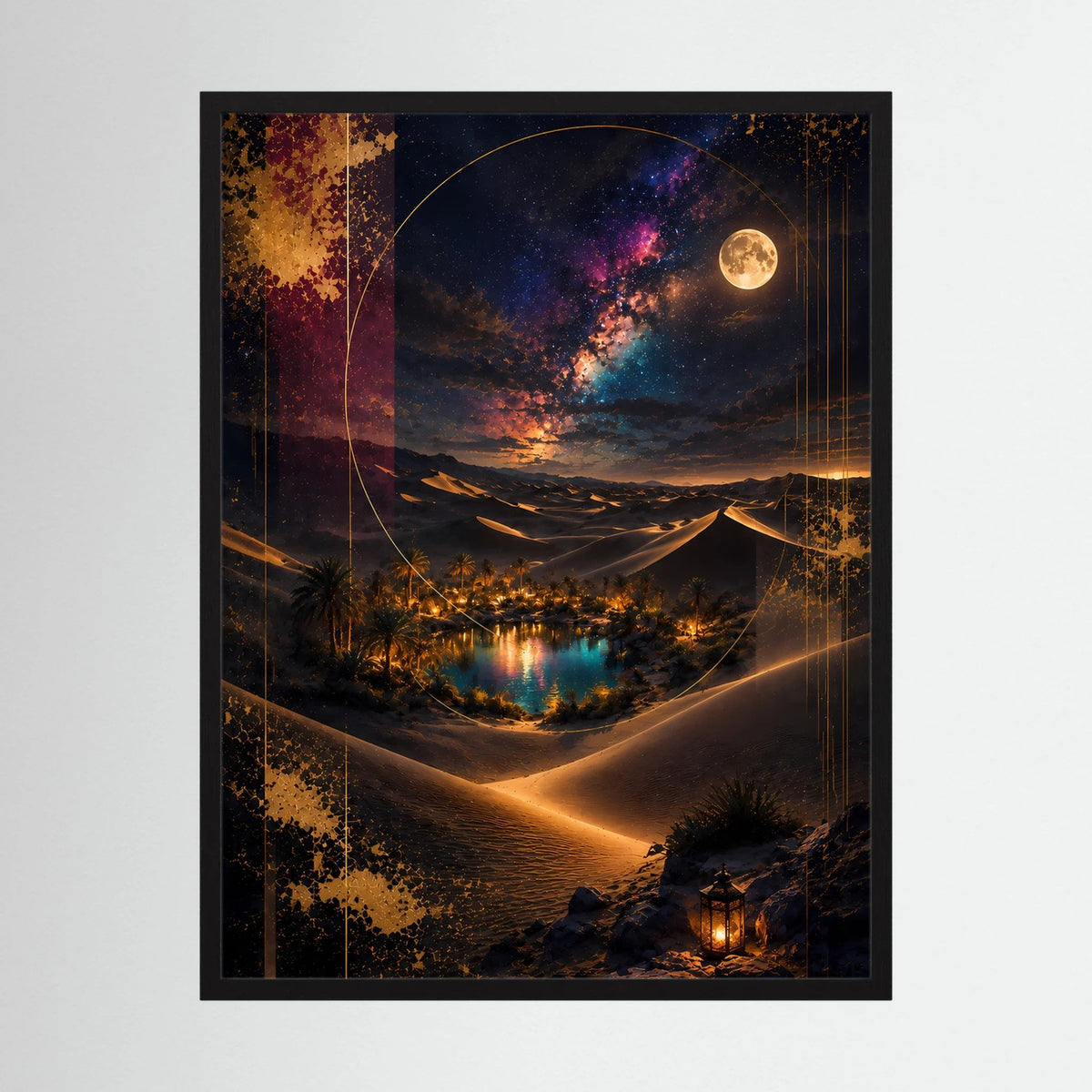 Hochformat-Poster im schwarzen Rahmen mit Vollmond über Dünen und Sternenhimmel