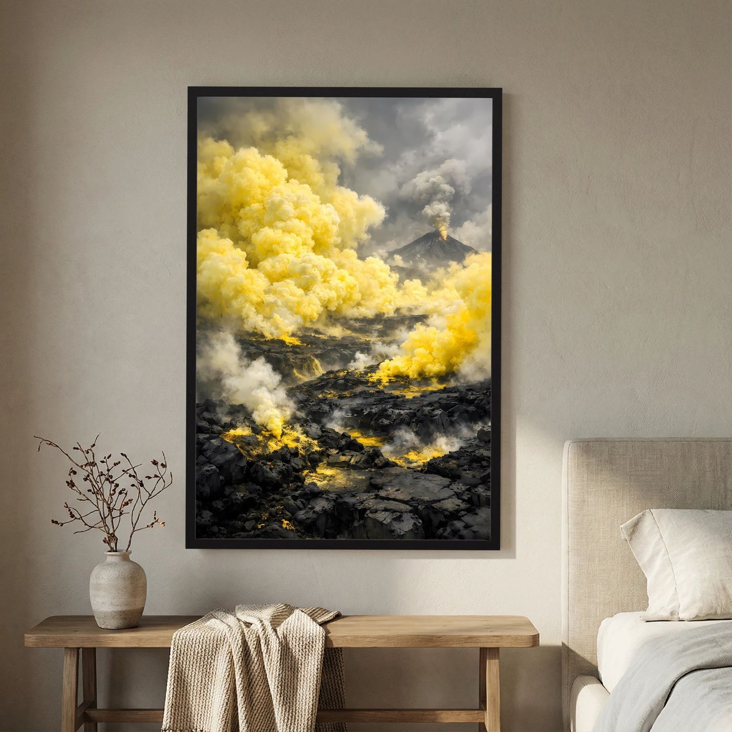 Die Kraft der Natur | Abstraktes Vulkan Poster in Gelb & Schwarz | Modernes Landschaftskunstposter Hochformat