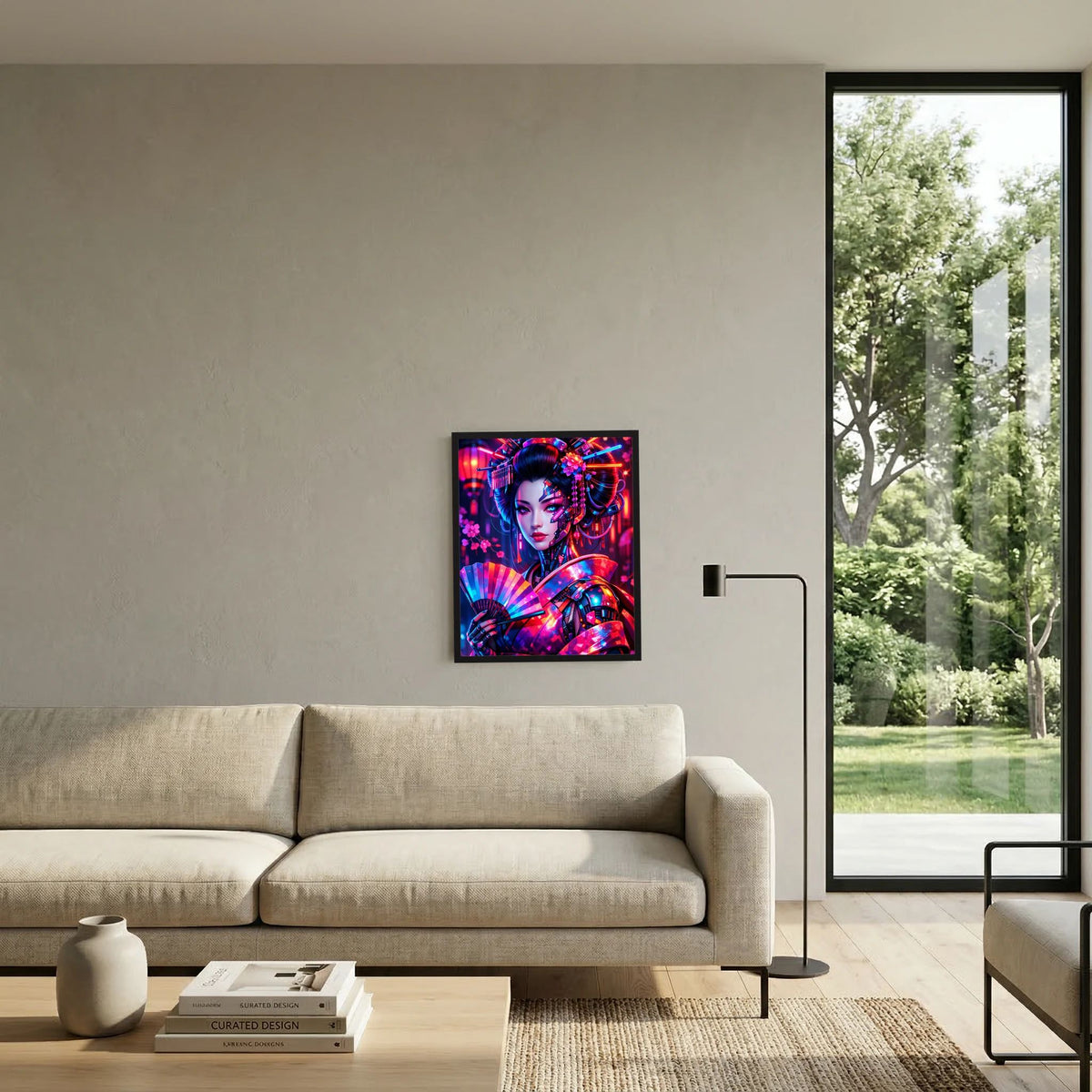 Gerahmtes Neon-Kunstposter mit Cyber-Geisha an Wohnzimmerwand neben Sofa