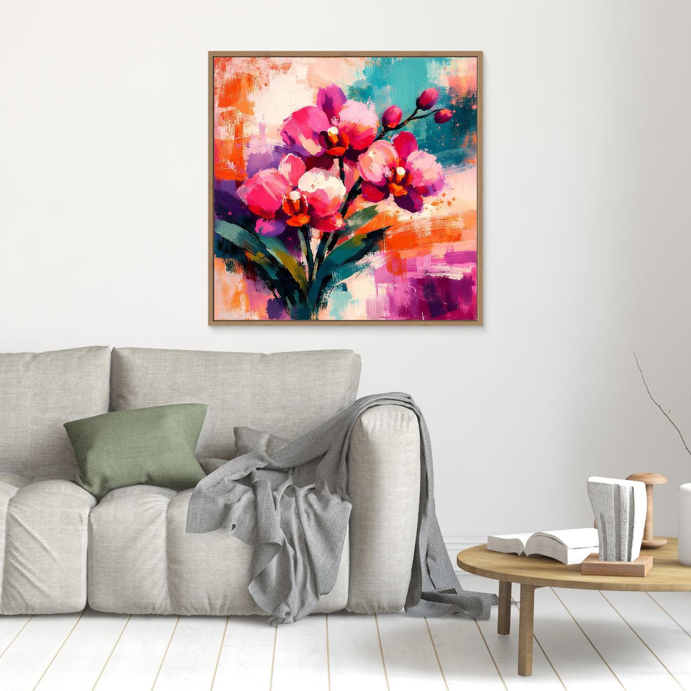Kleines Leinwand-Wandbild mit abstrakten Orchideen in Pink, Lila und Türkis, goldbraun gerahmt