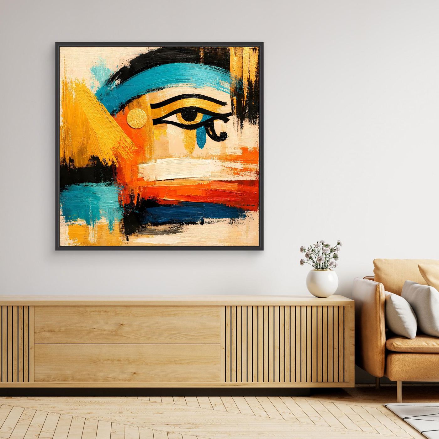 Framed canvas wall art with abstract Horus eye in teal, orange, black, and white