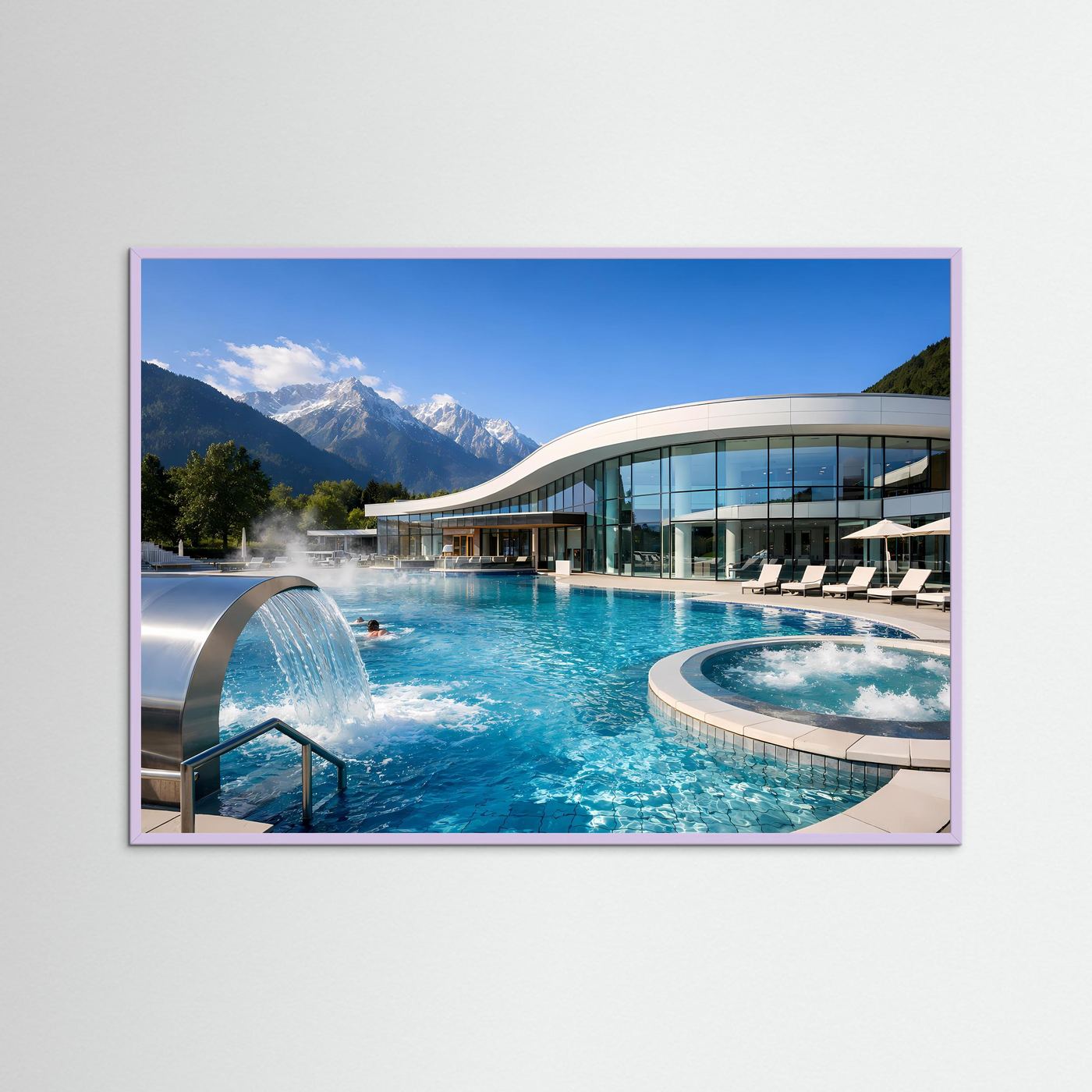 Gerahmtes Poster (schwarzer Rahmen) mit Poolbecken und Bergpanorama, Querformat