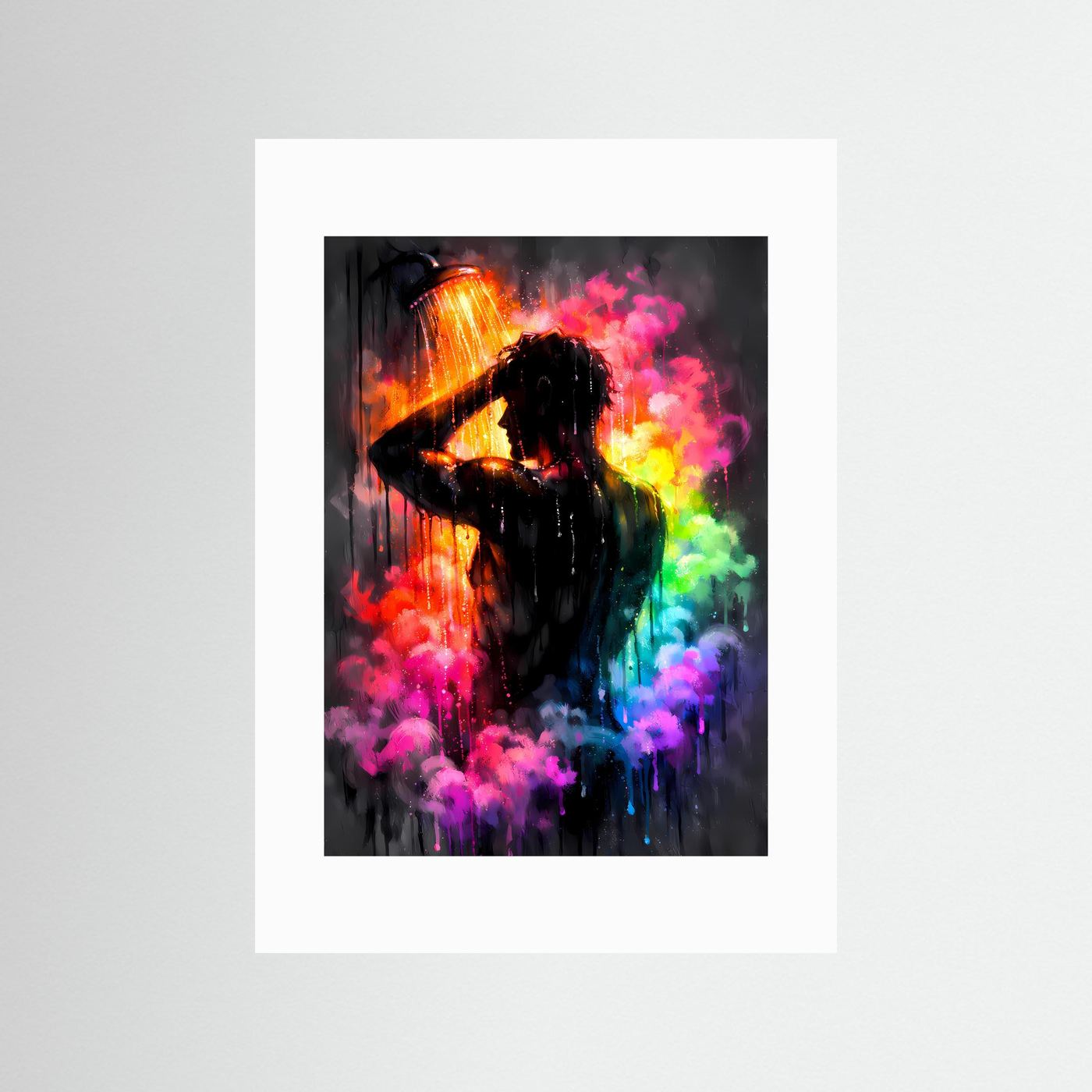 Farbrausch der Sinne | Modernes Dusch-Poster in Regenbogenfarben & Dunkelgrau | Abstraktes Kunstposter Hochformat