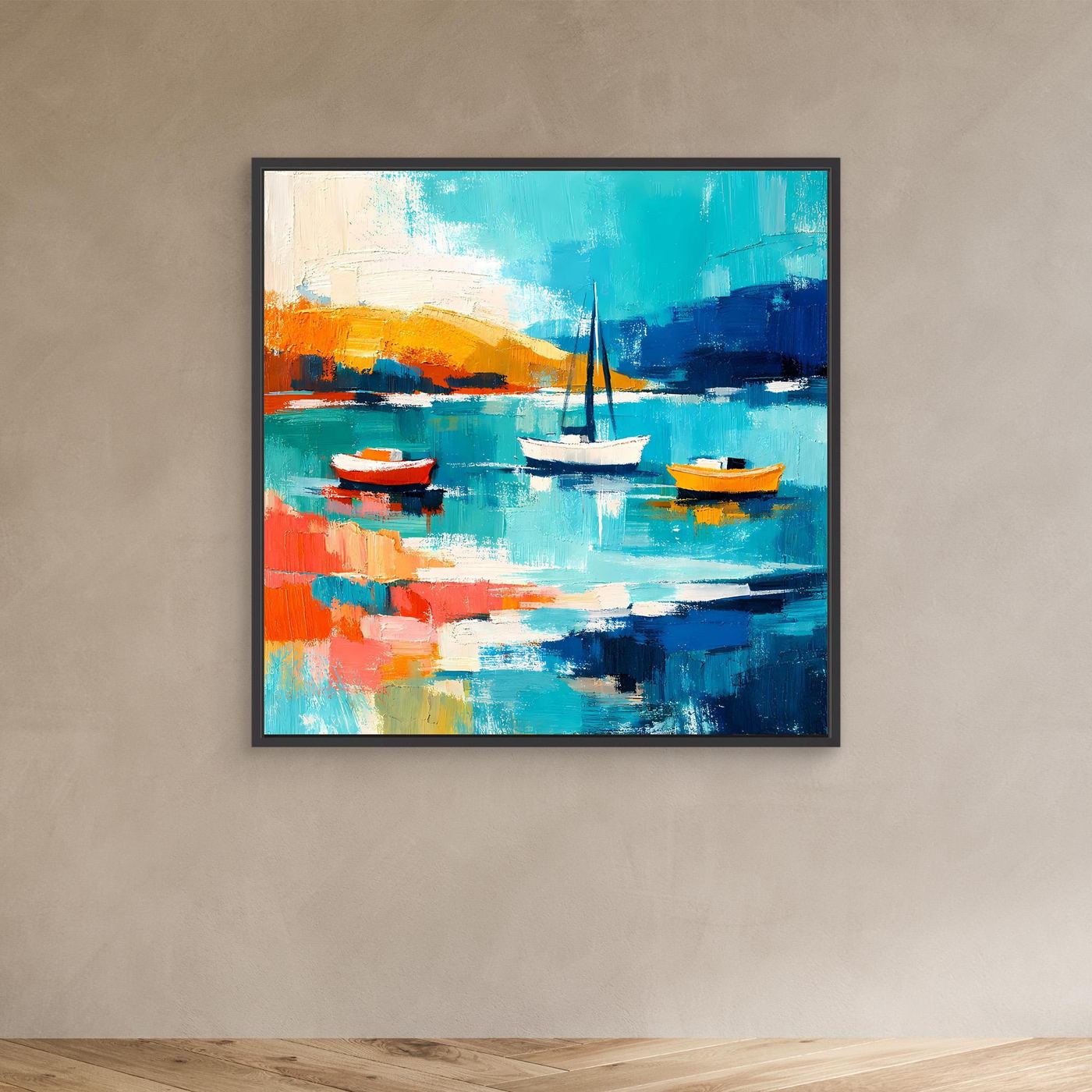 Abstract sailboat wall art with dark frame, teal and blue boats with colorful reflections