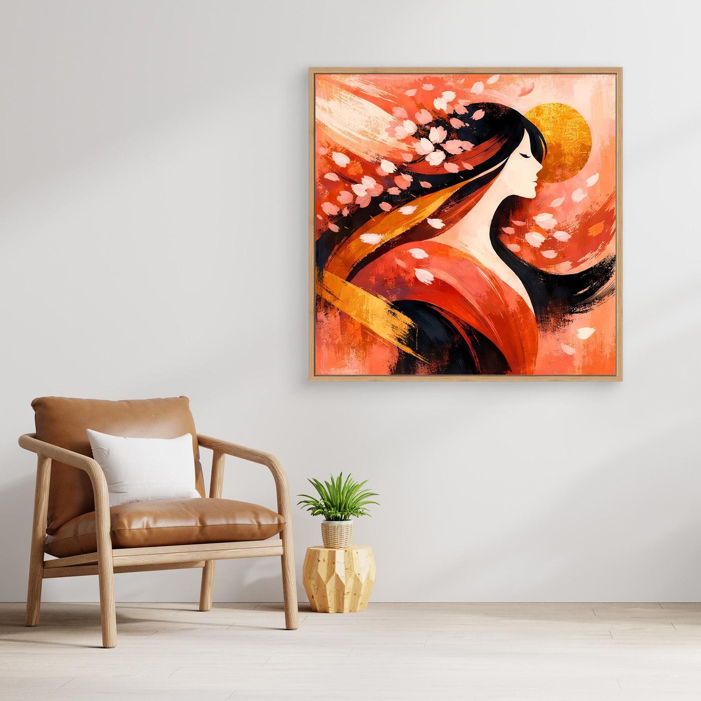 Leinwandbild mit Geisha im Profil, Kirschblüten und warmen Orange-Rottönen, mit hellem Rahmen