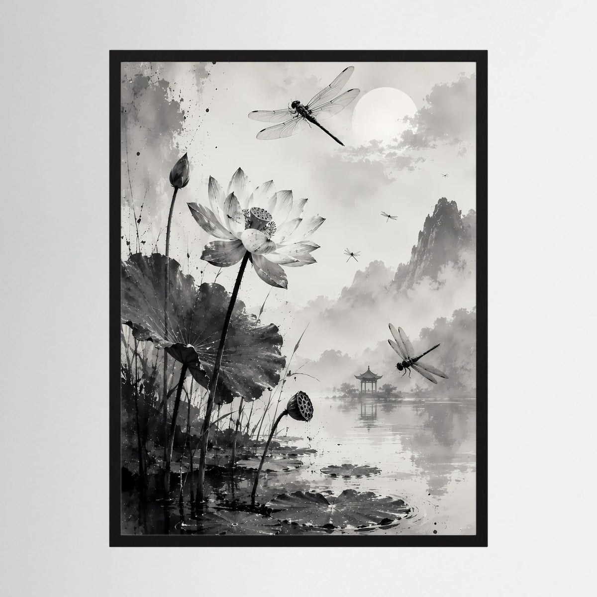 Hochformat-Poster mit Lotusblüten und Libellen in Schwarzweiß-Tusche