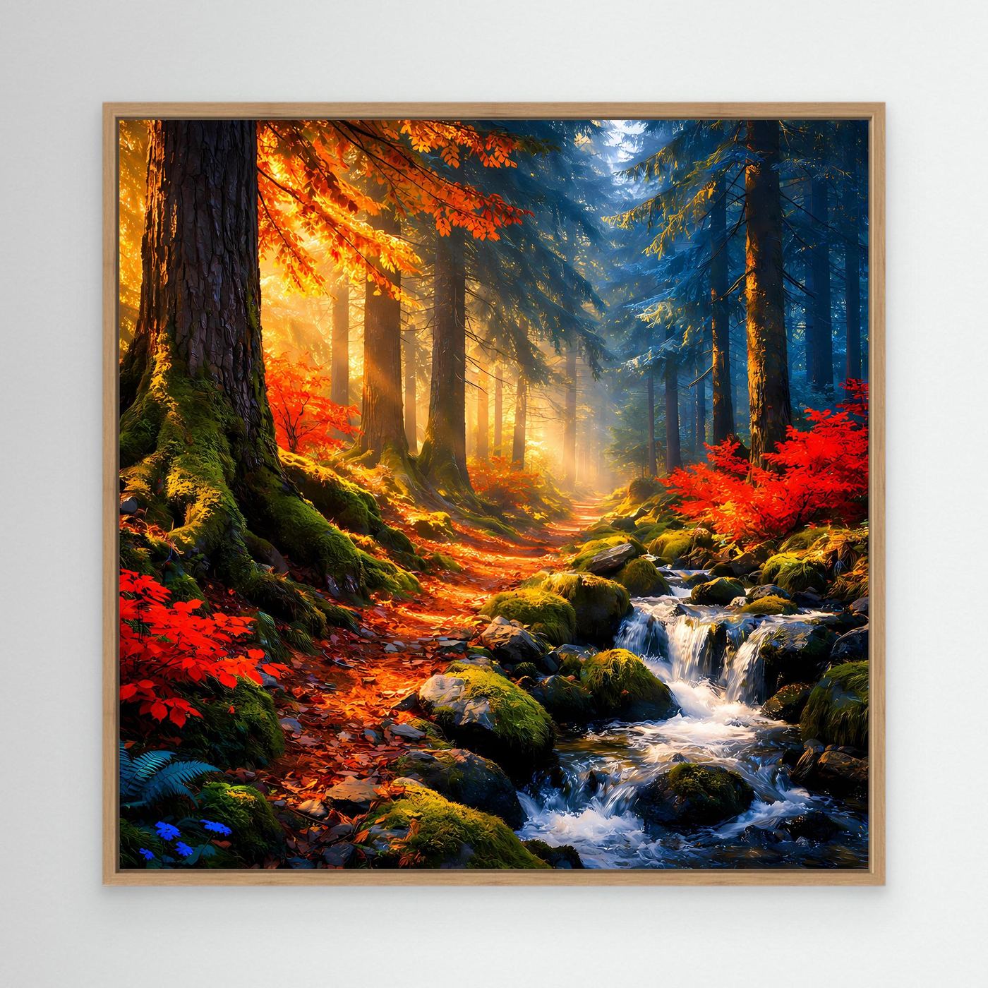 Wandbild Leinwand mit Eichenrahmen: Herbstwald mit Sonnenstrahlen und Bach über Felsen