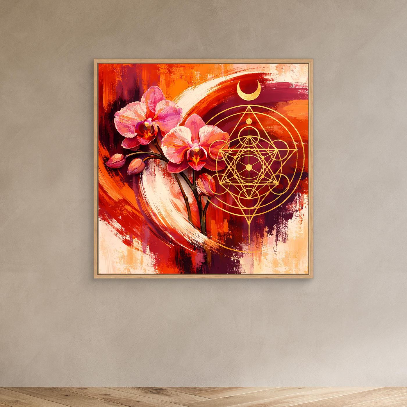 Abstraktes Wandbild mit Orchideen und goldener Geometrie, mit beigem Rahmen